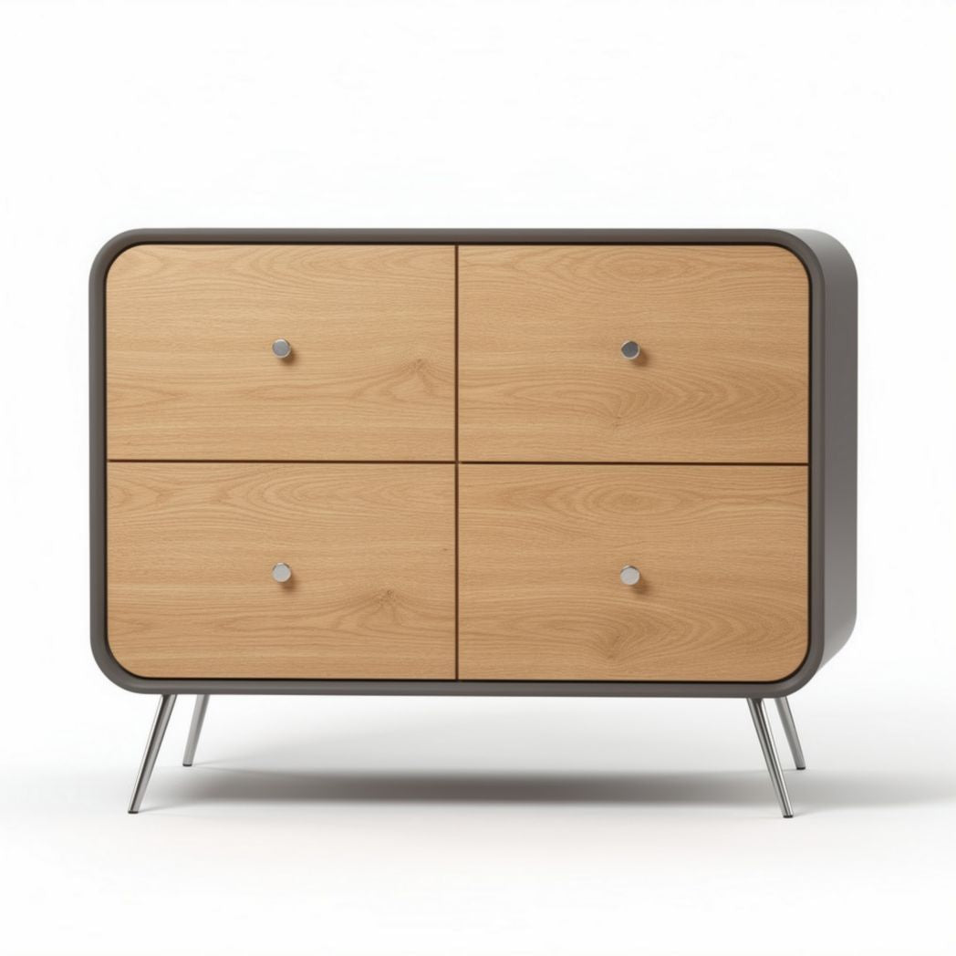 Houten ladekast met vier lades en metalen poten 80 x 40 x 70cm