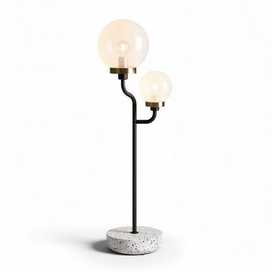 Tafellamp met twee glazen bollen en betonvoet zwart en wit 30 x 30 x 150cm