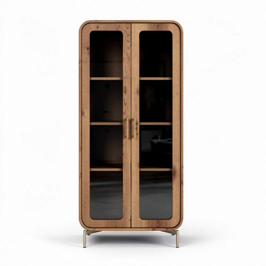 Houten vitrinekast met glazen deuren en metalen poten 80 x 40 x 180cm