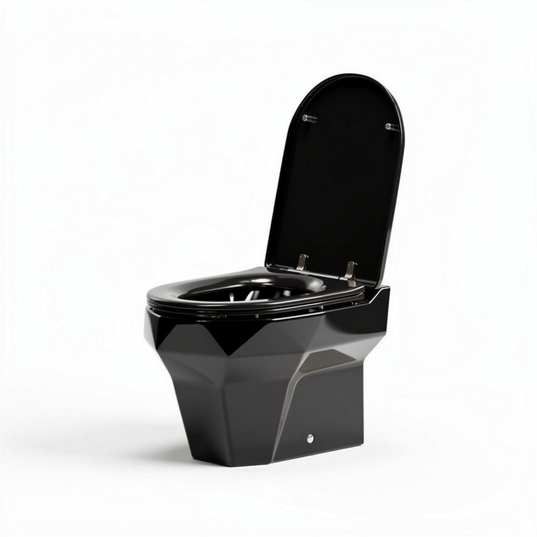 Zwart keramisch toilet met diamantvormige basis en afmetingen 60 x 35 x 40cm
