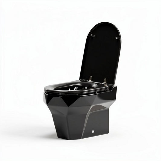 Zwart keramisch toilet met diamantvormige basis en afmetingen 60 x 35 x 40cm