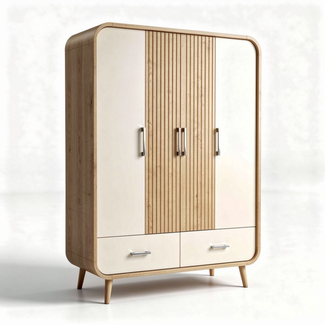 Bamboe kast met twee lades en drie deuren 180 x 90 x 40cm wit en naturel