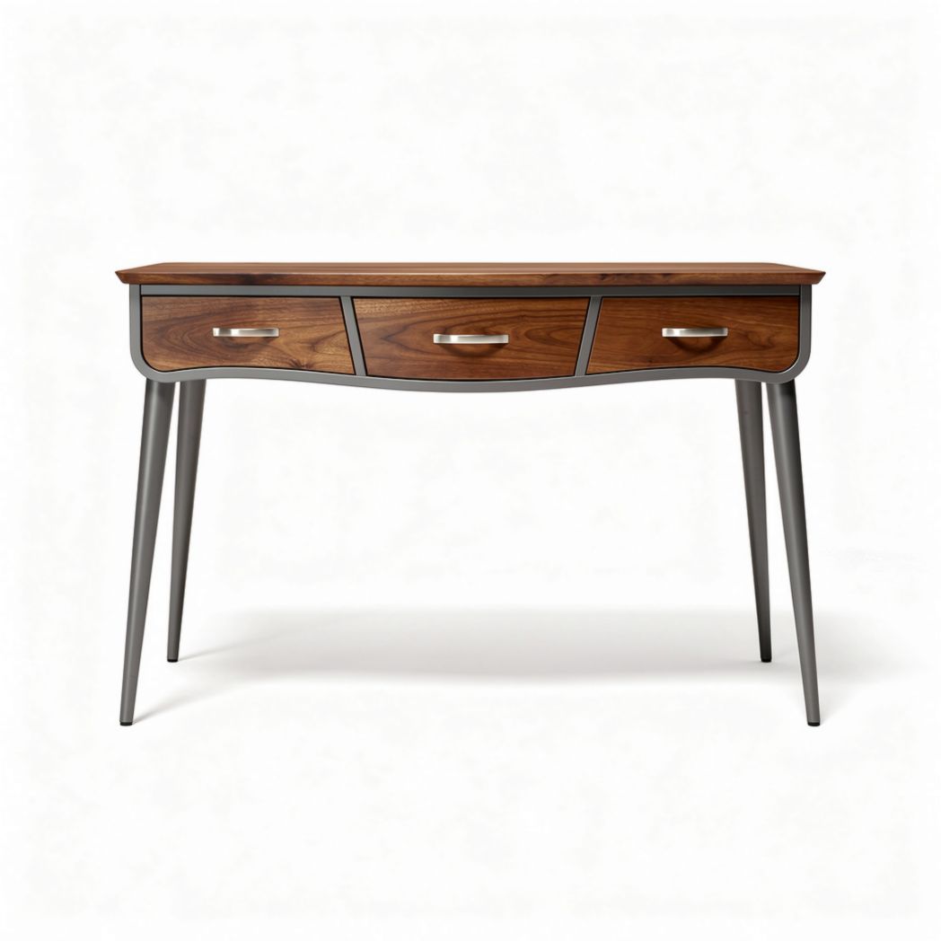 houten bureau met drie lades en metalen poten 150 x 40 x 75cm