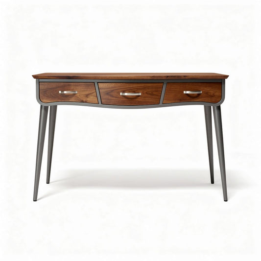 houten bureau met drie lades en metalen poten 150 x 40 x 75cm