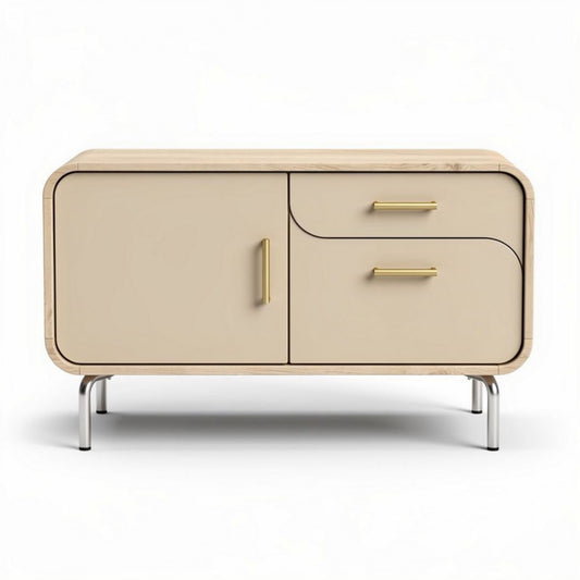 Houten tv-meubel met twee lades in beige en gouden handgrepen 90 x 45 x 60cm
